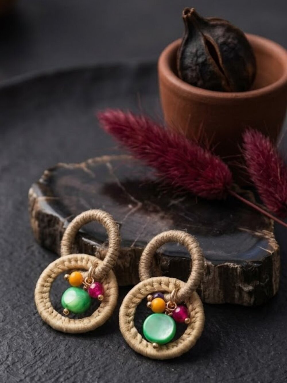 Woven Raffia Jute Hoop Earrings Multicolor Bead Boho Coastal Cowgirl 1.5in